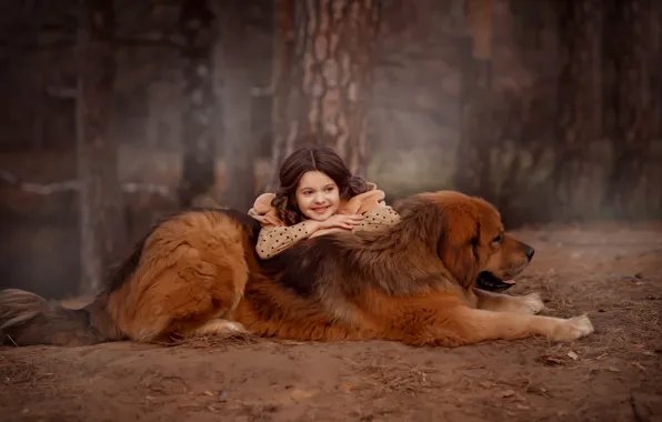 Forest, dog, girl, friends, dog, Tibetan Mastiff, Valentine Ermilova