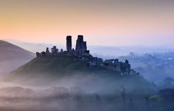 Mountains, fog, hills, England, Dorset, Corfe castle