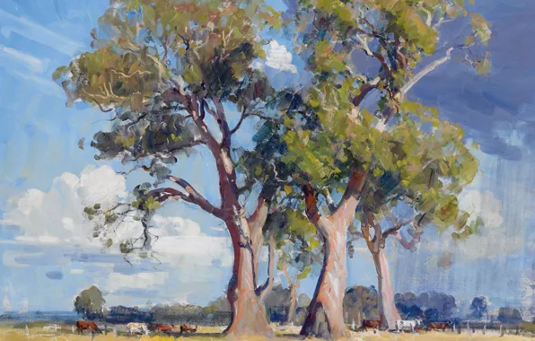 Picture animals, trees, landscape, picture, The Three Gums, Arthur Streeton