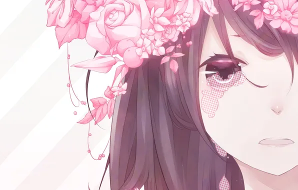 Eyes, girl, flowers, face, roses, anime, tears, art