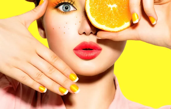 Look, girl, yellow, eyelashes, background, lemon, makeup, manicure