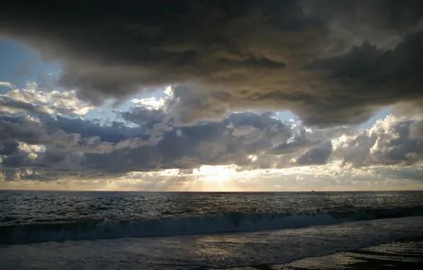 Sea, sunset, clouds, surf