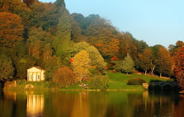 Autumn, forest, water, bridge, pond, river, foliage, hill