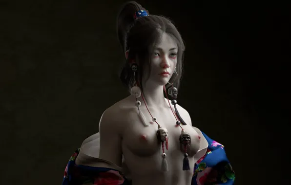 Face, earrings, geisha, skull, Asian, the dark background, suspension, 3 D graphics