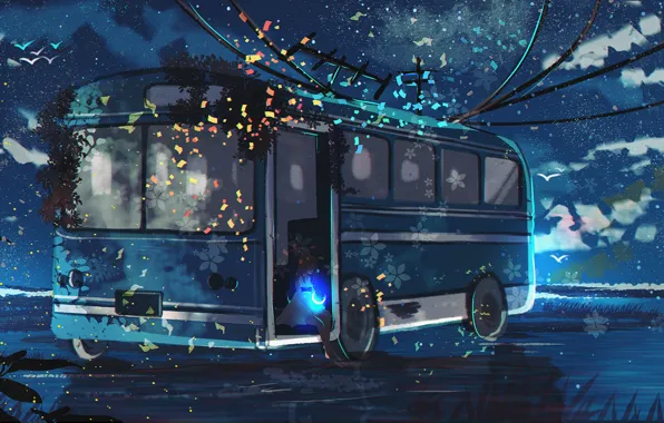 Water, night, nature, girl, bus, Crescent