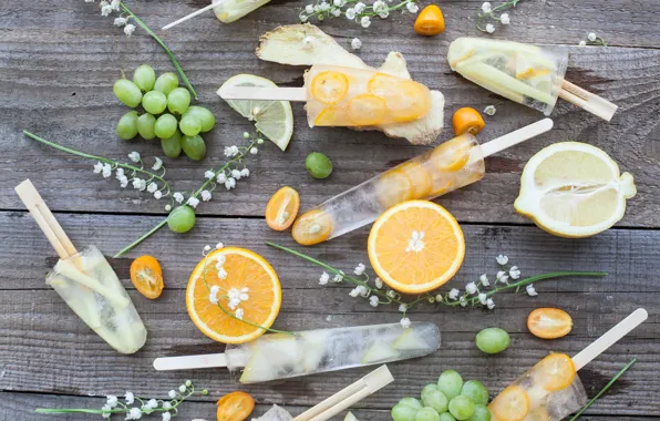 Picture ice, lemon, grapes, ice cream, citrus, lilies of the valley, fruit ice