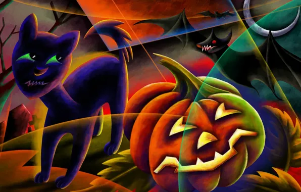 Night, the moon, cemetery, pumpkin, Eclipse, bat, black cat, Happy Halloween