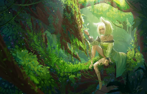 Girl, nature, tree, fantasy, Arknights, Calcite