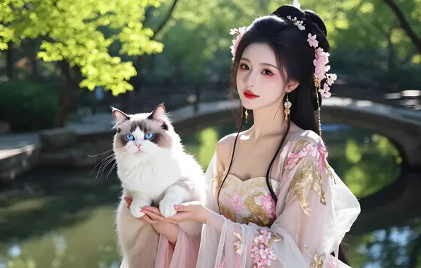Cat, girl, lake, pond, dress, Chinese, Asian, long hair