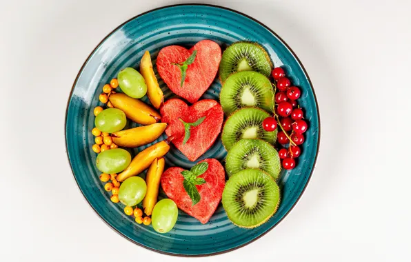 Watermelon, kiwi, grapes, fruit, peaches, currants
