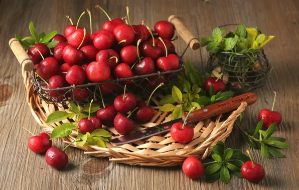 Leaves, berries, basket, red, mint, cherry
