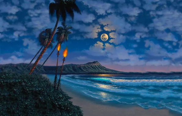 Beach, the sky, clouds, palm trees, The ocean, The moon, torches