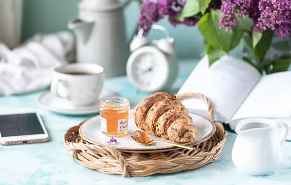 Flowers, coffee, milk, Cup, jam, croissant, Breakfast, French