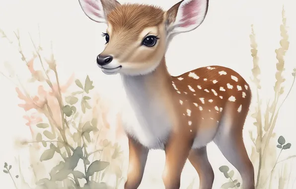 Figure, deer, watercolor, cute, fawn, spotted, cute, deer