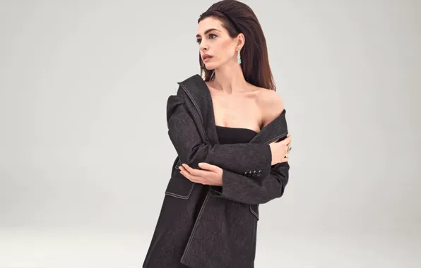 Pose, actress, brunette, beautiful, coat, photoshoot, Anne Hathaway, Anne Hathaway