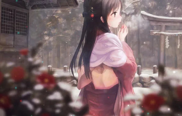Winter, girl, trees, nature, anime, art, couples, kimono