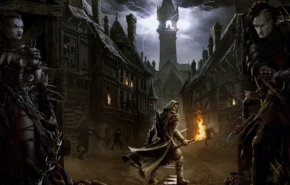 The city, zipper, tower, ambush, shadows, torch, male, orcs