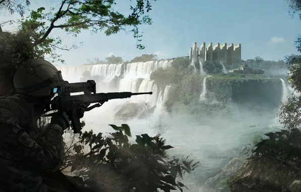Picture forest, weapons, waterfall, art, soldiers, sniper, sniper, ghosts