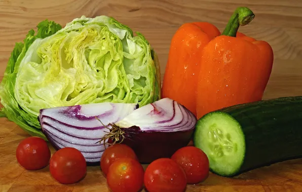 Drops, background, ray, cucumber, pepper, tomatoes, cabbage