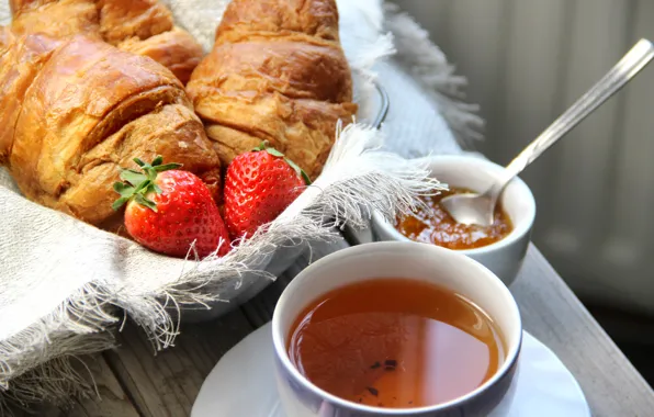 Picture tea, Breakfast, strawberry, cakes, cup, jam, growing, breakfast