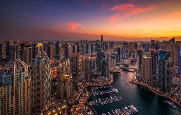 The sky, sunset, the city, lights, view, building, tower, skyscrapers