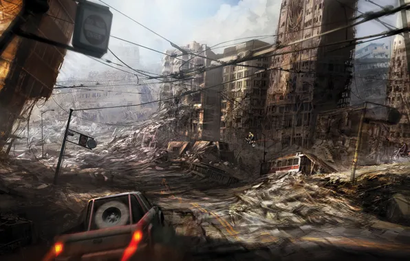 City, ruins, destruction, apocalyptic, fast car