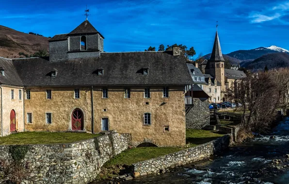 The sky, the sun, trees, mountains, river, France, home, valley