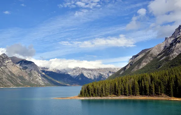 Forest, clouds, mountains, lake, blue, rocks, shore, tops