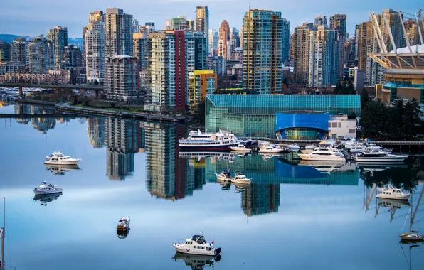 Picture the city, river, photo, home, skyscrapers, Canada, Vancouver, boats