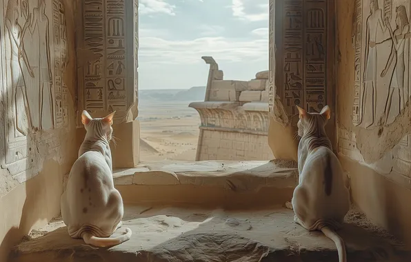 Picture cats, Egypt, ruins, a couple, sphinxes, neural network