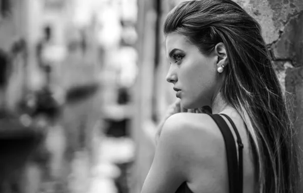 Picture girl, face, hair, black and white, shoulder, monochrome, bokeh, Marco Squassina