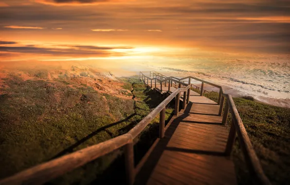 Sea, wave, the sky, clouds, light, sunset, dawn, shore