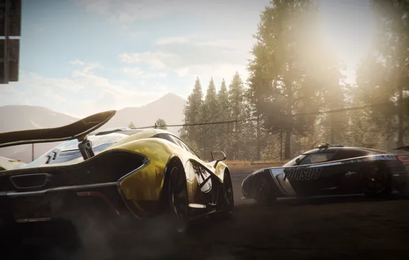 Picture forest, race, smoke, Koenigsegg, daroga, supercars, McLaren P1, Need for Speed Rivals