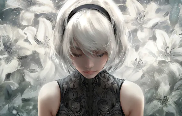 Flowers, portrait, blonde, beautiful girl, digital art, anime art, Nier Automata, Type B