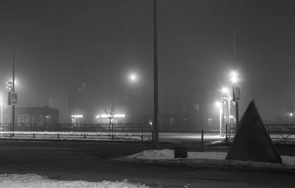 Snow, night, the city, fog, building, home, black and white, spring