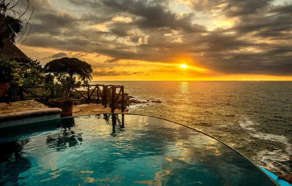 Sunset, the ocean, pool, Mexico, the hotel, Mexico, Pacific Ocean, The Pacific ocean