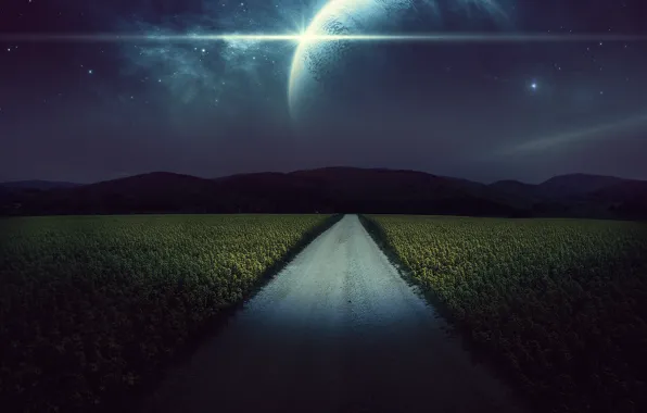 Picture road, field, stars, night, rendering, planet