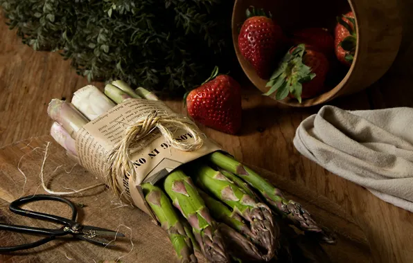 Leaves, berries, table, Board, towel, plants, rope, strawberry