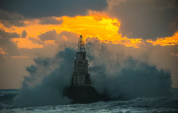Waves, sea, sunset, orange, lighthouse, breaking