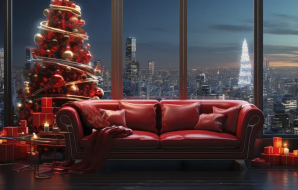 Picture decoration, city, the city, room, sofa, balls, view, tree
