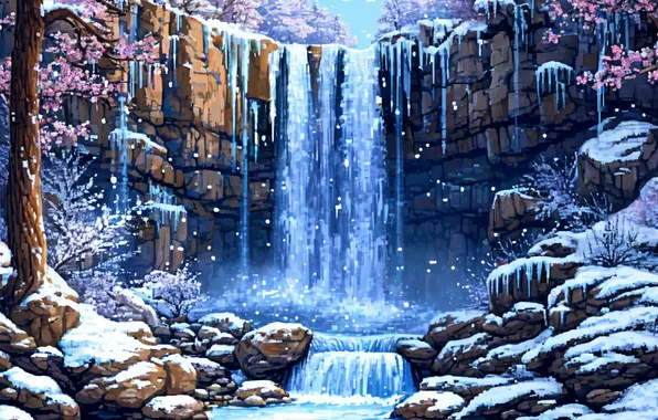 Winter, Waterfall, Pixels