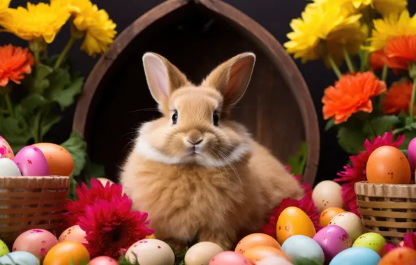 Look, light, flowers, nature, holiday, glade, hare, eggs