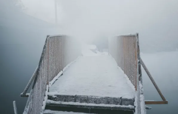 Winter, bridge, nature, river, frost