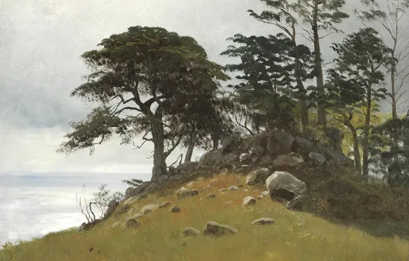 Trees, landscape, stones, picture, Albert Bierstadt, Cypress Point. Monterey