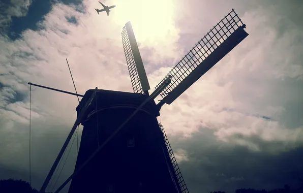Picture The sun, Clouds, Mill, The plane