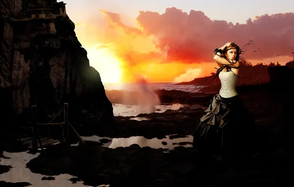 Picture sea, girl, sunset, rocks