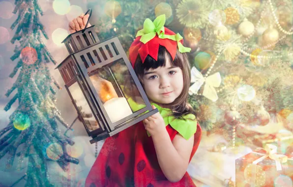 Picture children, new year, girl, lantern, child