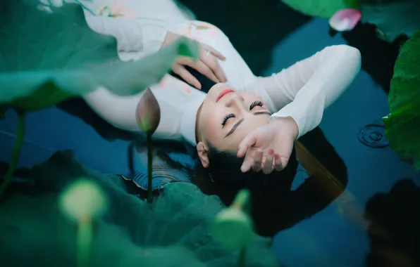 Water, girl, face, the dark background, sleep, Lotus, sleeping, Asian