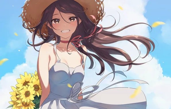 Picture girl, sunflowers, flowers, hat