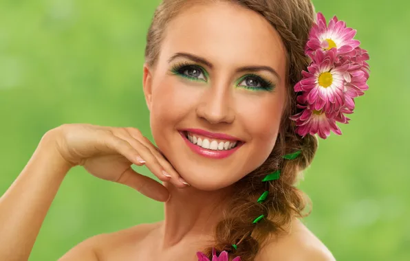 Picture look, girl, joy, flowers, eyelashes, smile, sweetheart, portrait